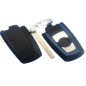 GUSCIO CHIAVE NERO CON BORDO BLU E CHIAVE EMERGENZA CROMATA 3 TASTI: TASTO APERTURA TASTO CHIUSURA TASTO PORTELLONE BMW SERIES 