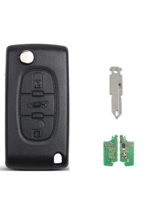 GUSCIO CHIAVE COMPLETO CON LAMA NE73 CON CHIP ID46 TIPO FREQUENZA: 433MHZ TASTO APERTURA TASTO CHIUSURA TASTO PORTELLONE PEUGEO