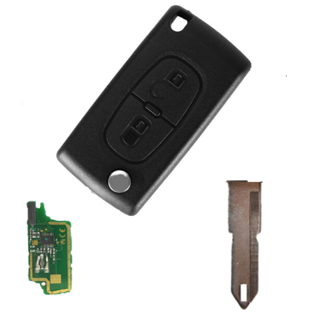 GUSCIO CHIAVE COMPLETO 2 TASTI: CON LAMA NE72 CON CHIP ID46 CE0536 TIPO FREQUENZA: 433MHZ TASTO APERTURA TASTO CHIUSURA PEUGEOT