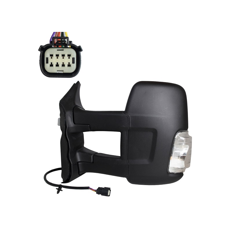 RETROVISORE ELETTRICO DESTRO BRACCIO LUNGO NERO 6 PIN TERMICO VETRO CONVESSO CON FANALINO INTEGRATO BIANCO 5W FORD TRANSIT F3FC