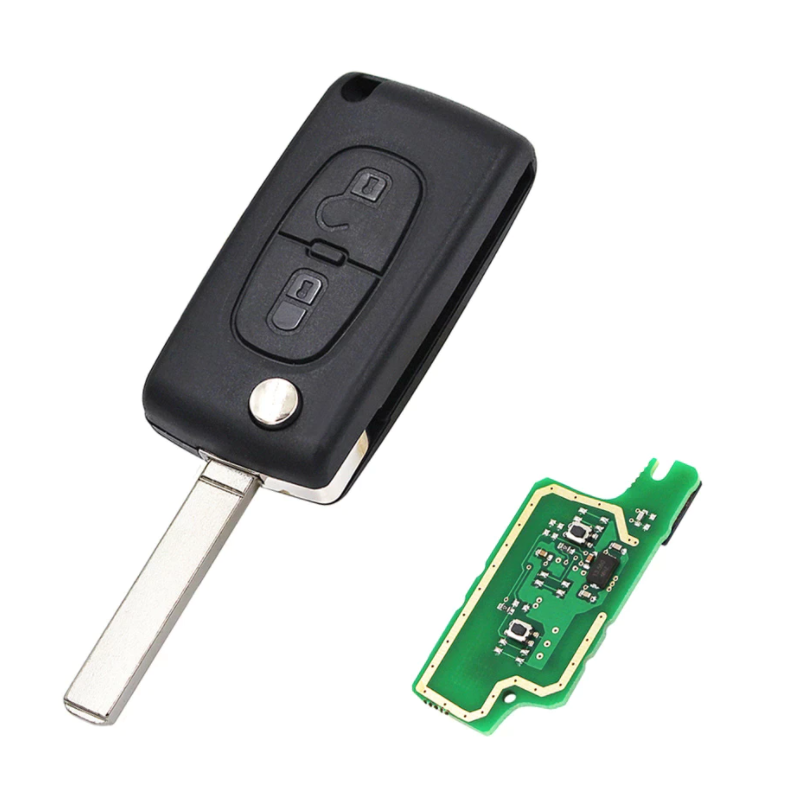 GUSCIO CHIAVE COMPLETO 2 TASTI: CON LAMA VA2 CON CHIP ID46 CE0536 TIPO FREQUENZA: 433MHZ TASTO APERTURA TASTO CHIUSURA PEUGEOT 