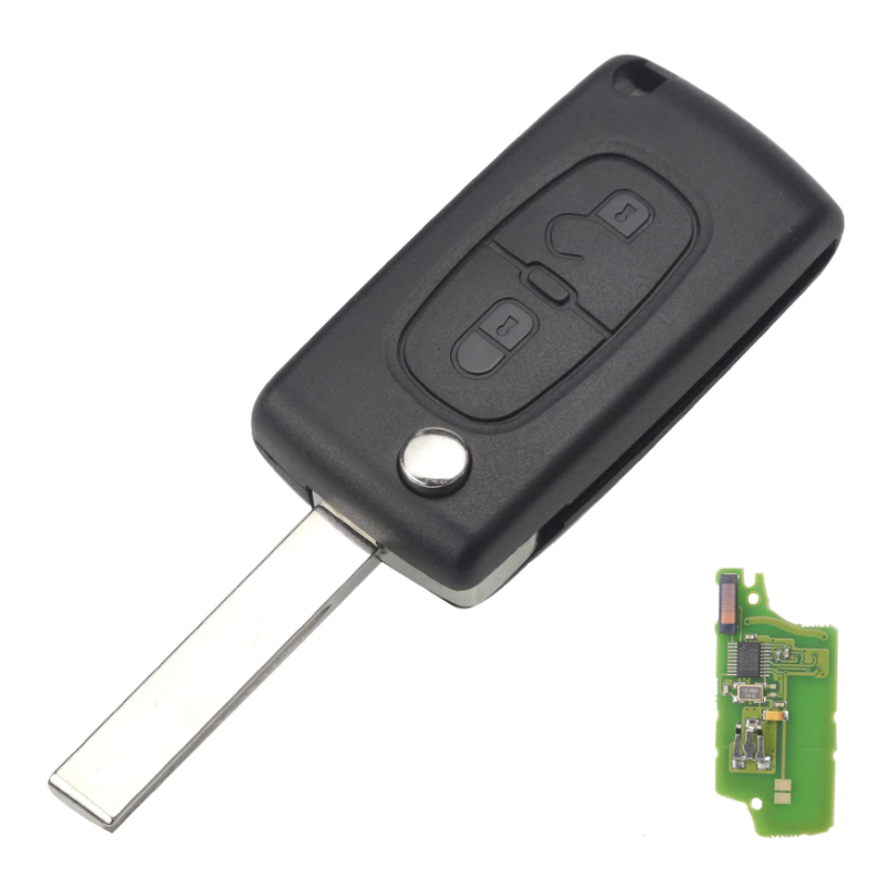 GUSCIO CHIAVE COMPLETO 2 TASTI: CON LAMA HU83 CON CHIP ID46 CE0536 TIPO FREQUENZA: 433MHZ TASTO APERTURA TASTO CHIUSURA PEUGEOT