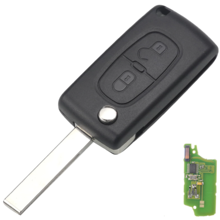 GUSCIO CHIAVE COMPLETO 2 TASTI: CON LAMA HU83 CON CHIP ID46 CE0536 TIPO FREQUENZA: 433MHZ TASTO APERTURA TASTO CHIUSURA PEUGEOT
