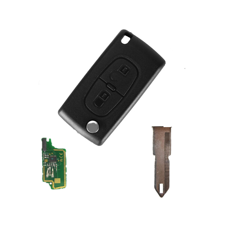 GUSCIO CHIAVE COMPLETO 2 TASTI: CON LAMA NE72 CON CHIP ID46 CE0536 TIPO FREQUENZA: 433MHZ TASTO APERTURA TASTO CHIUSURA PEUGEOT