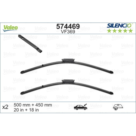 SPAZZOLA TERGI SILENCIO FLAT BLADE ANTERIORE SINISTRA COPPIA 500mm + 450mm CODICE BREVE: VF369