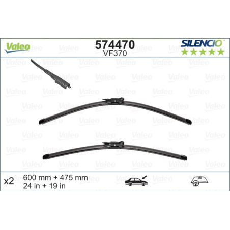 SPAZZOLA TERGI SILENCIO FLAT BLADE ANTERIORE SINISTRA COPPIA 600mm + 475mm CODICE BREVE: VF370