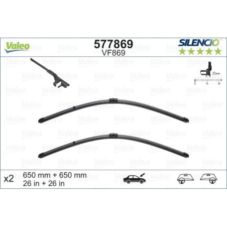 SPAZZOLA TERGI SILENCIO FLAT BLADE ANTERIORE DESTRASINISTRA COPPIA 650mm + 650mm CODICE BREVE: VF869