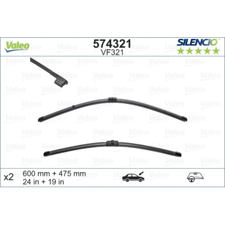 SPAZZOLA TERGI SILENCIO FLAT BLADE ANTERIORE SINISTRA COPPIA 600mm + 475mm CODICE BREVE: VF321