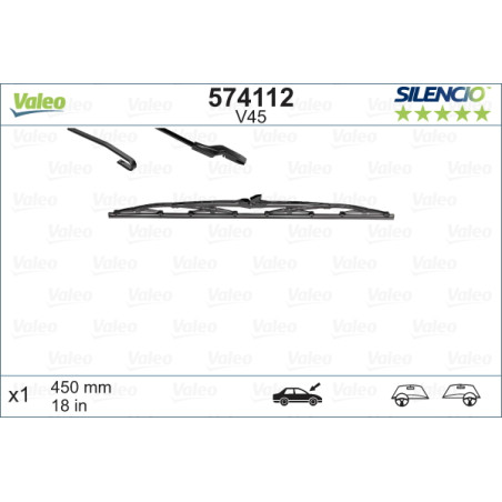 SPAZZOLA TERGI SILENCIO STANDARD ANTERIORE DESTRASINISTRA SINGOLA 450mm CODICE BREVE: V45