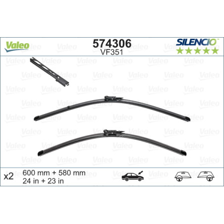 SPAZZOLA TERGI SILENCIO FLAT BLADE ANT DX/SX COPPIA 600mm + 580mm CODICE BREVE: VF351