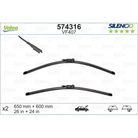 SPAZZOLA TERGI SILENCIO FLAT BLADE ANT DX/SX COPPIA 650mm + 600mm CODICE BREVE: VF407