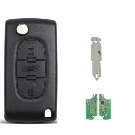 GUSCIO CHIAVE COMPLETO CON LAMA NE73 CON CHIP ID46 TIPO FREQUENZA: 433MHZ TASTO APERTURA TASTO CHIUSURA TASTO PORTELLONE PEUGEO