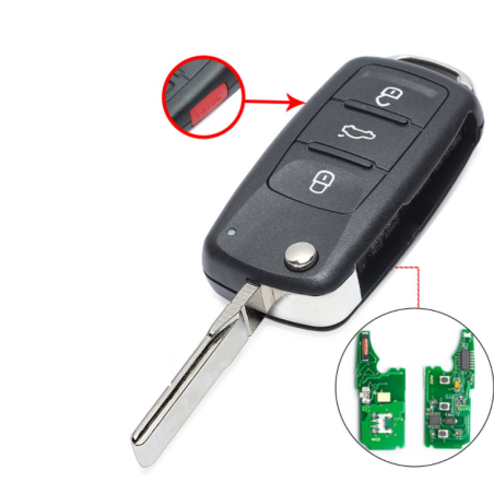 GUSCIO CHIAVE COMPLETO CON CHIP ID46 TIPO FREQUENZA: 433MHZ TASTO APERTURA TASTO CHIUSURA TASTO PORTELLONE TASTO ANTIPANICO VOL