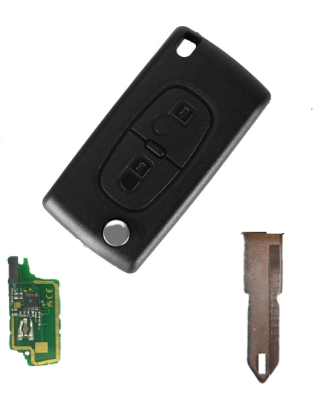 GUSCIO CHIAVE COMPLETO 2 TASTI: CON LAMA NE72 CON CHIP ID46 CE0536 TIPO FREQUENZA: 433MHZ TASTO APERTURA TASTO CHIUSURA PEUGEOT